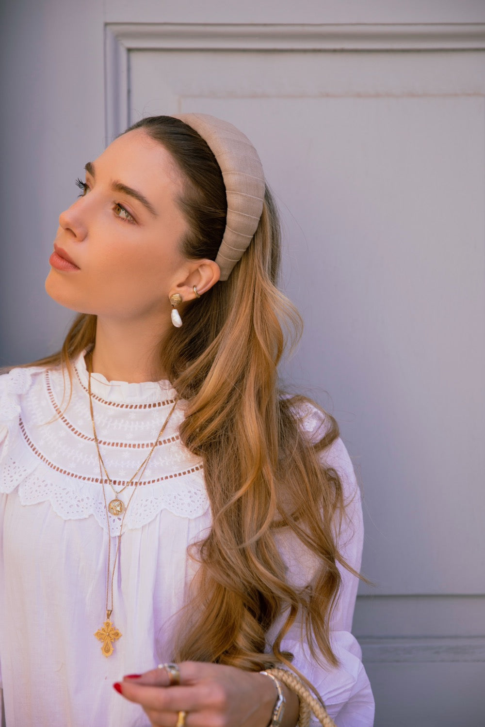 Marzoline Satin Braided Taupe Headband with Crystal embellishments Made in Italy HEADBANDS – Tagged  main image 2